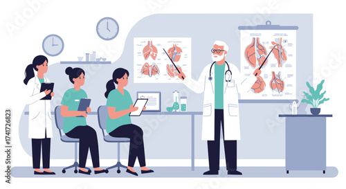 Medical doctor teaching anatomy to healthcare professionals in a clean vector illustration