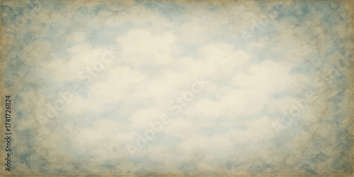 A light and clear blue sky with fluffy clouds casts a soft light onto an old paper texture background