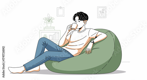 Minimalist vector illustration of a young man comfortably relaxing on a green bean bag chair with a mug