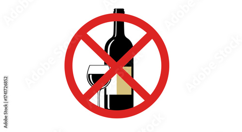 No alcohol vector symbol with wine bottle and glass in red prohibition sign