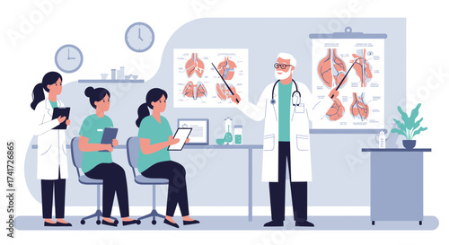 Expert physician leads a detailed anatomy and healthcare lecture for female medical professionals, enhancing knowledge and skills for patient care in a modern clinic setting