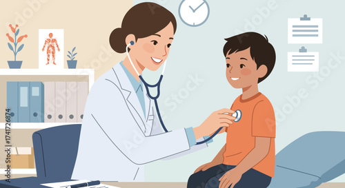 Pediatrician checking a smiling boy with a stethoscope, a clean vector illustration