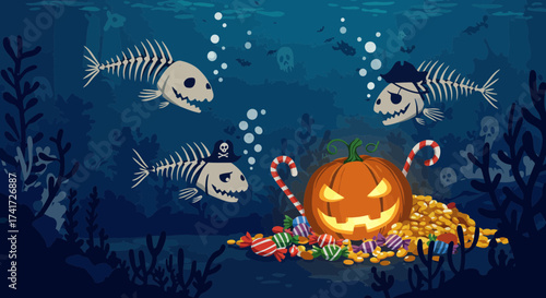 Scalable Halloween underwater scene with skeleton fish, glowing jack-o'-lantern, and candy