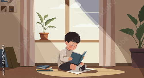 Scalable vector illustration of a young boy quietly reading a book by a sunny window.