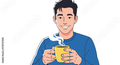 This scalable vector illustration features a smiling man enjoying a warm drink in a yellow cup.