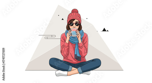 Stylized vector illustration of a young woman enjoying a warm drink with a geometric background