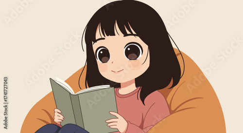 Vector illustration of a cute girl with dark hair reading a book on a cozy beanbag