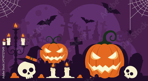 Vector illustration of a Halloween night scene with jack-o'-lanterns, bats, and cemetery elements