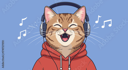 Vector illustration of a happy cartoon cat enjoying music with headphones