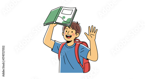 Vector illustration of a happy schoolboy waving and holding an open green book.