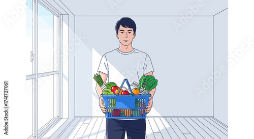 Vector illustration of a man holding a shopping basket with fresh groceries
