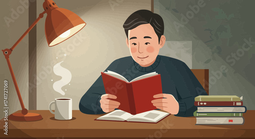 Vector illustration of a man reading a book at a warm, cozy desk with a lamp and coffee.