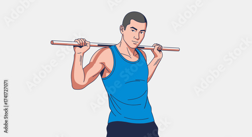 Vector illustration of a man holding a stick across his shoulders, ready to exercise