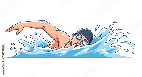 Vector illustration of a swimmer performing the crawl stroke in clear water with splashes