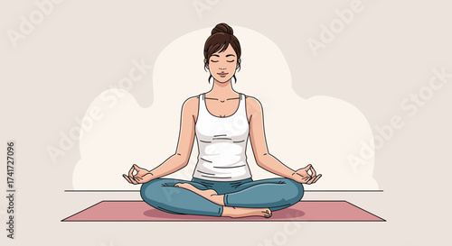 Vector illustration of a woman in meditation pose on a yoga mat