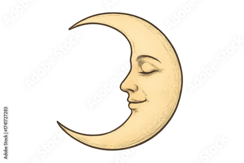 Sleeping crescent moon man face vintage drawing