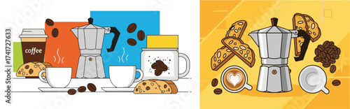Coffee Themed Illustration Set with Moka Pot, Various Cups, and Biscotti