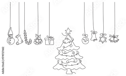 Line art Chris mast tree with christmas gifts