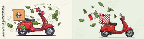 Italian Food Delivery Scooter Illustration with Flying Basil Leaves