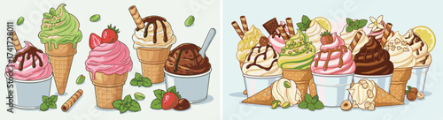 Collection of Delicious Ice Cream and Gelato Flavors in Cones and Cups with Various Toppings