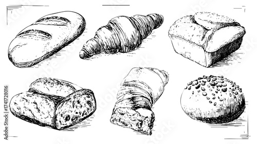 A variety of baked goods including bread, croissants, and rolls arranged in a basket with wheat stalks