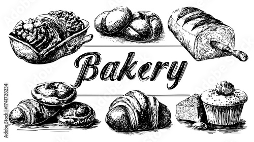 A collection of hand-drawn bakery items including croissants, donuts, muffins, and rolls, with the word 'bakery' prominently featured in the center