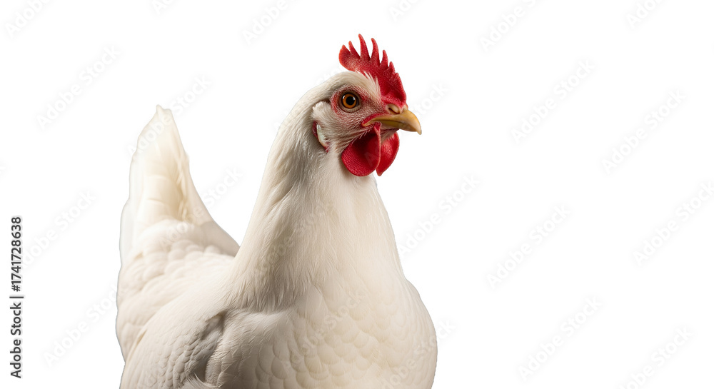 Fototapeta premium Portrait of a White Hen with Red Comb and Wattles