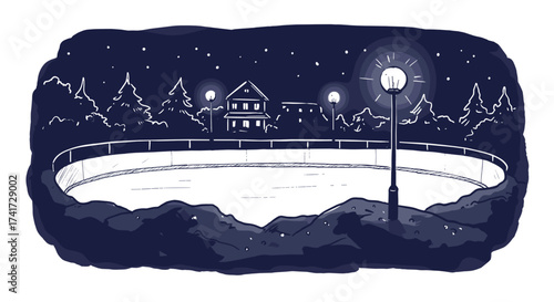 Outdoor ice rink at night with lights, cozy winter recreation illustration