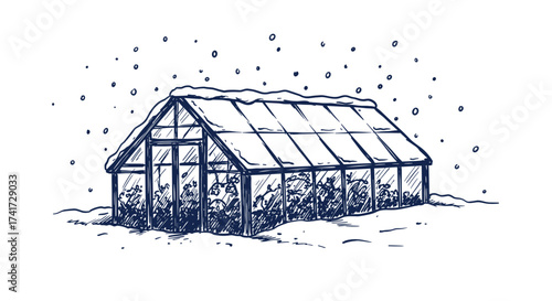Snow on greenhouse roof, winter gardening and plant care illustration