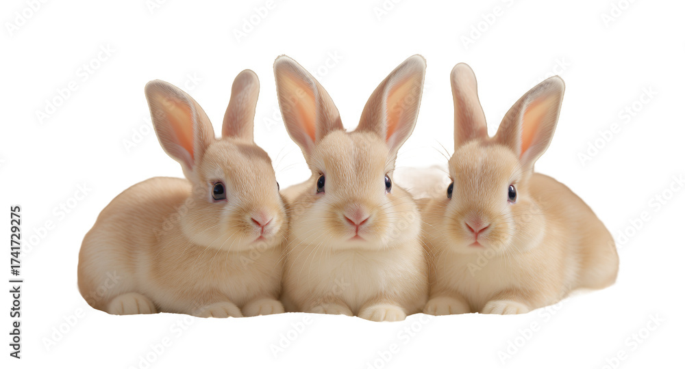 Fototapeta premium Three Adorable Bunnies Resting, Soft Focus on Creamy Background