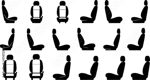 Modern Minimalist Car Seat Icon: Flat Silhouette, Automotive Seating Component Vector for Vehicle Illustration, Interior, Design, Safety.