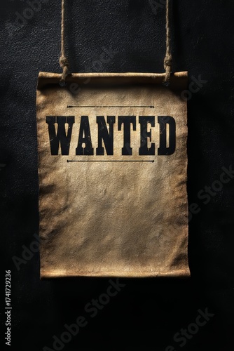 Vintage “WANTED” poster hanging on a dark textured wall, old western style parchment paper with bold black lettering and rope, perfect for cowboy, outlaw, or Wild West themed designs
