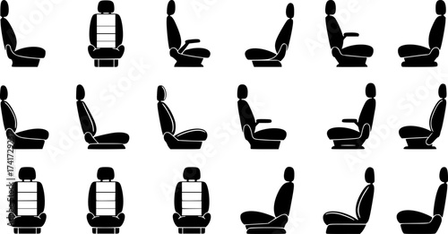 Modern Minimalist Car Seat Icon: Flat Silhouette, Automotive Seating Component Vector for Vehicle Illustration, Interior, Design, Safety.