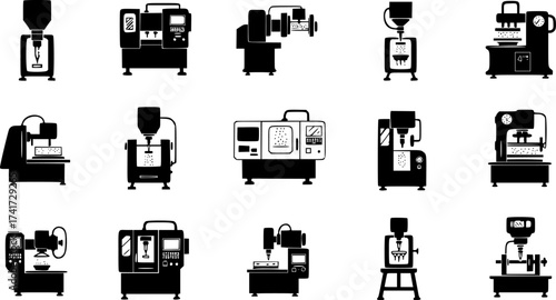 Modern Minimalist Injection Molding Icon: Flat Silhouette, Industrial Machine Vector for Manufacturing Illustration, Plastic, Production.