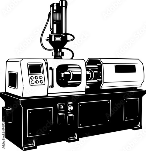 Modern Minimalist Injection Molding Icon: Flat Silhouette, Industrial Machine Vector for Manufacturing Illustration, Plastic, Production.