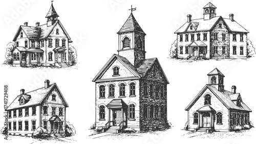 Vintage Hand-Drawn Schoolhouse Illustration: Historic Engraved Vector for Education, Learning, Building, T-Shirt Design.