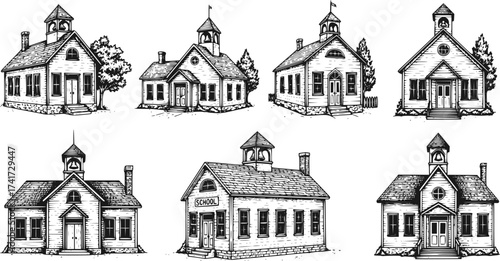 Vintage Hand-Drawn Schoolhouse Illustration: Historic Engraved Vector for Education, Learning, Building, T-Shirt Design.