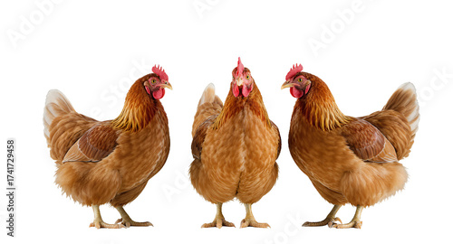 Three Brown Chickens Standing on White Surface