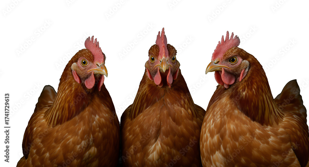 Naklejka premium Three Hens Facing Forward on Black Background