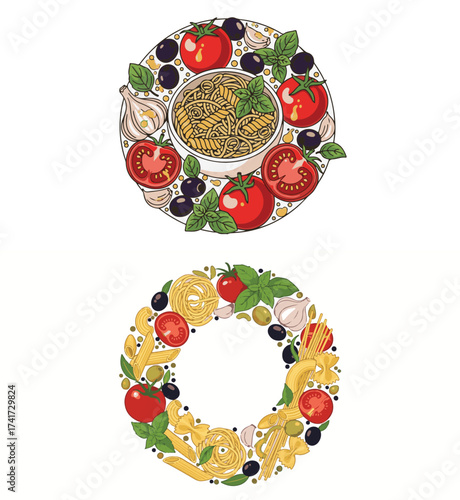 Italian Food Ingredients and Pasta Arranged in Decorative Circular Designs