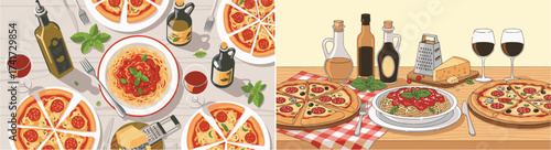 Delicious Italian Feast with Pizza, Spaghetti, Wine, and Olive Oil on a Dining Table