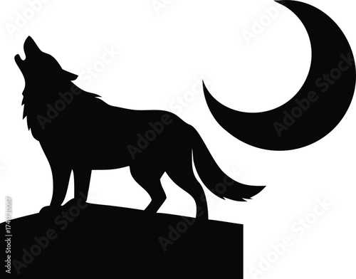 Silhouette of a howling wolf at night standing on a rock under the moon vector illustration for wildlife and nature concepts