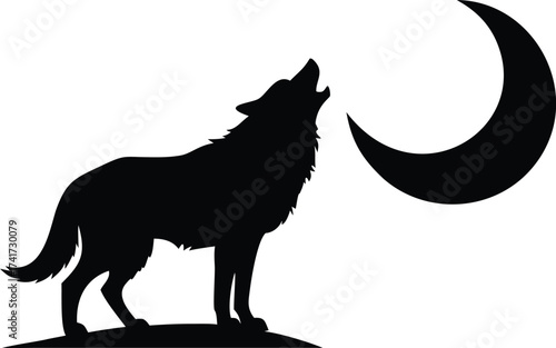 Silhouette of a howling wolf with a crescent moon vector illustration isolated on white background for graphic design