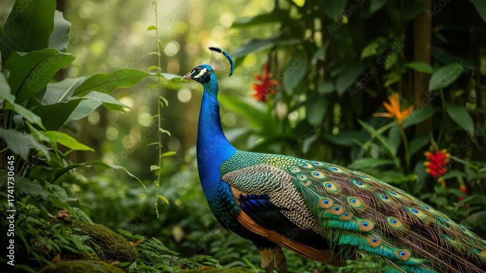 custom made wallpaper toronto digitalpeacock brilliant blue head shimmering green body and elaborate tail with iridescent eye-spots stands gracefully in lush tropical forest amidst verdant plants and vibrant flowers