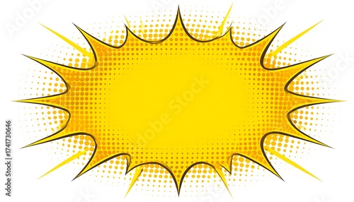 Yellow comic book style burst with halftone effect, radiating energy, sharp points, and an empty center