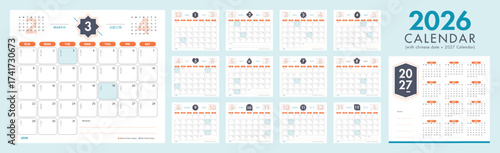 Retro design calendar planner 2026 year, monthly and weekly schedule calendar. Simple business planner page. Modern dairy template. Vector illustration.