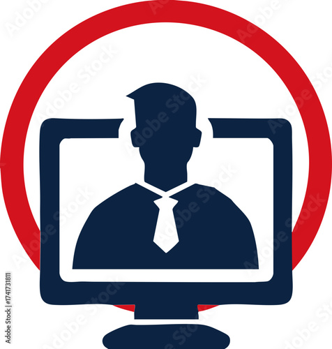 Business person on computer screen for online meeting or webinar icon
