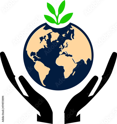 Hands holding earth with sprout icon for sustainability and care