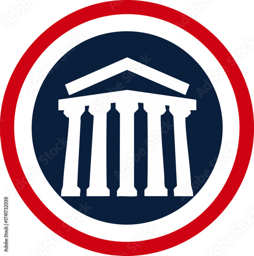 Capitol pillar emblem inside bold circle representing law and government