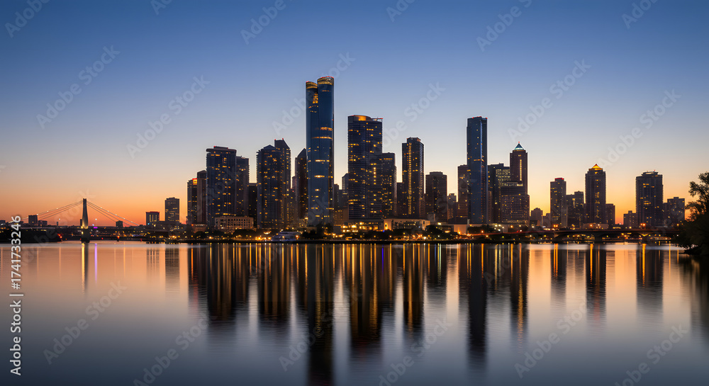 Fototapeta premium Skyscrapers Reflected in Water at Sunset